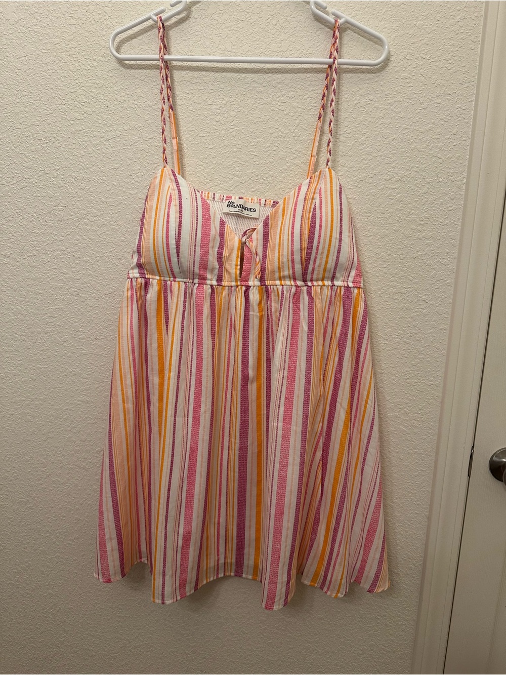 No Boundaries Pink, Yellow & White Striped Braided Strap Mini Dress